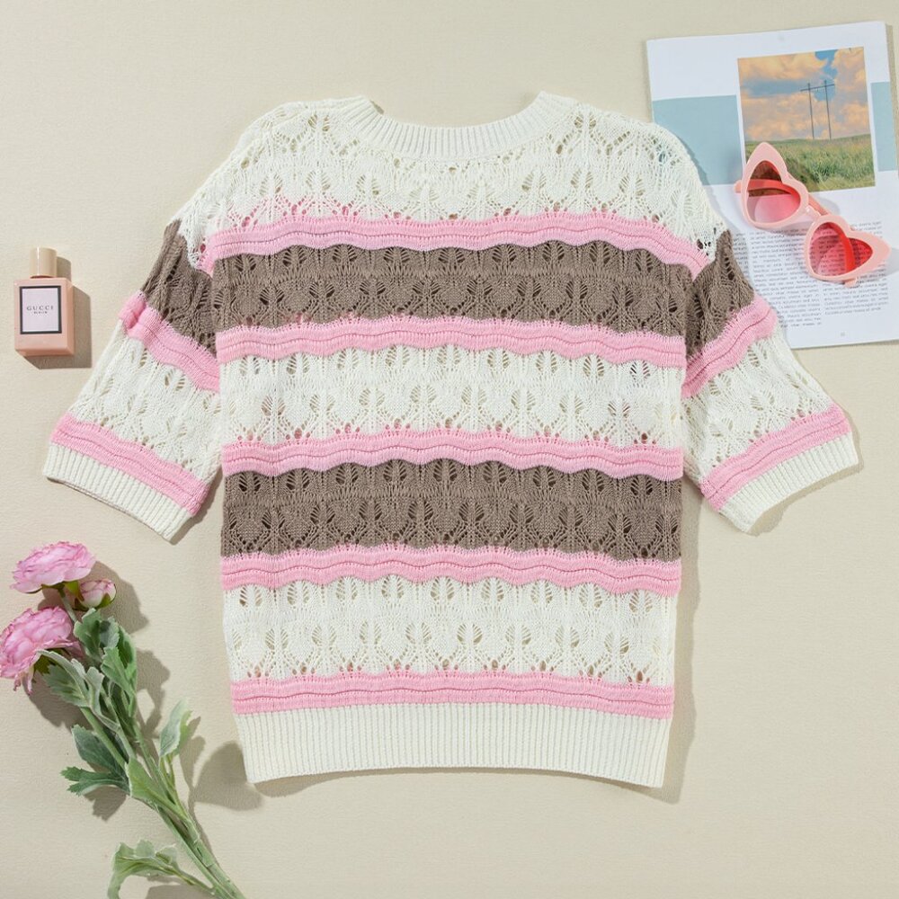 Brown Stripe Color Block Hollow Out Crochet Half Sleeve